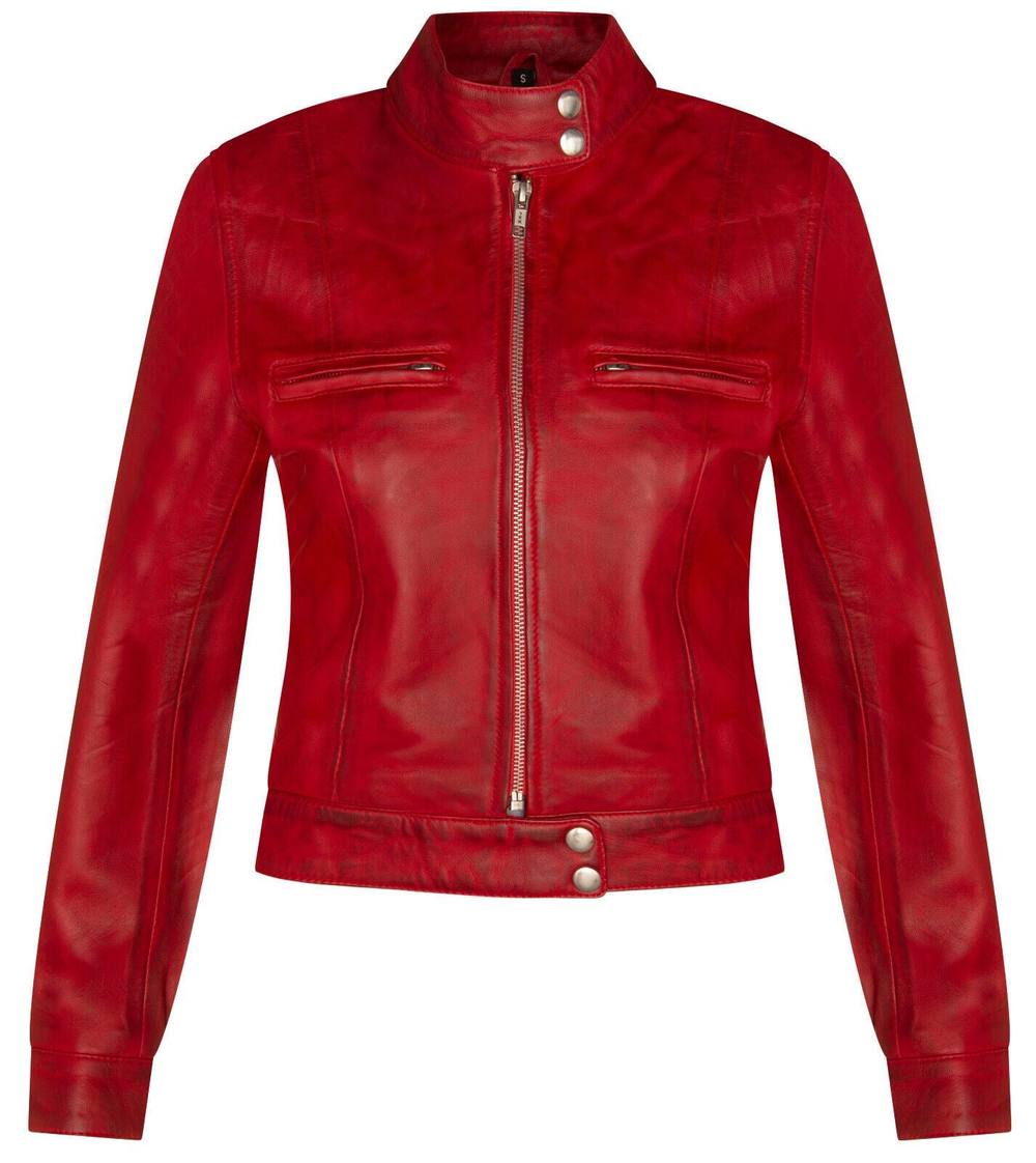 Infinity Leather Plain Leather Moto Biker Jacket-Braga In Red