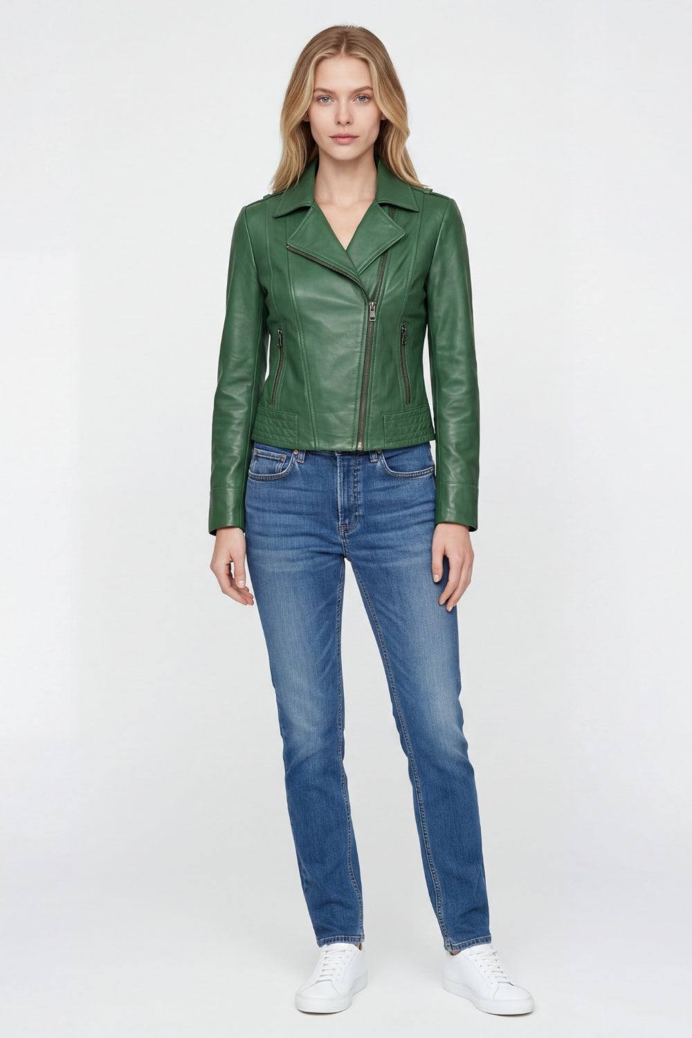 Elle Armin Leather Biker Jacket In Bright Green