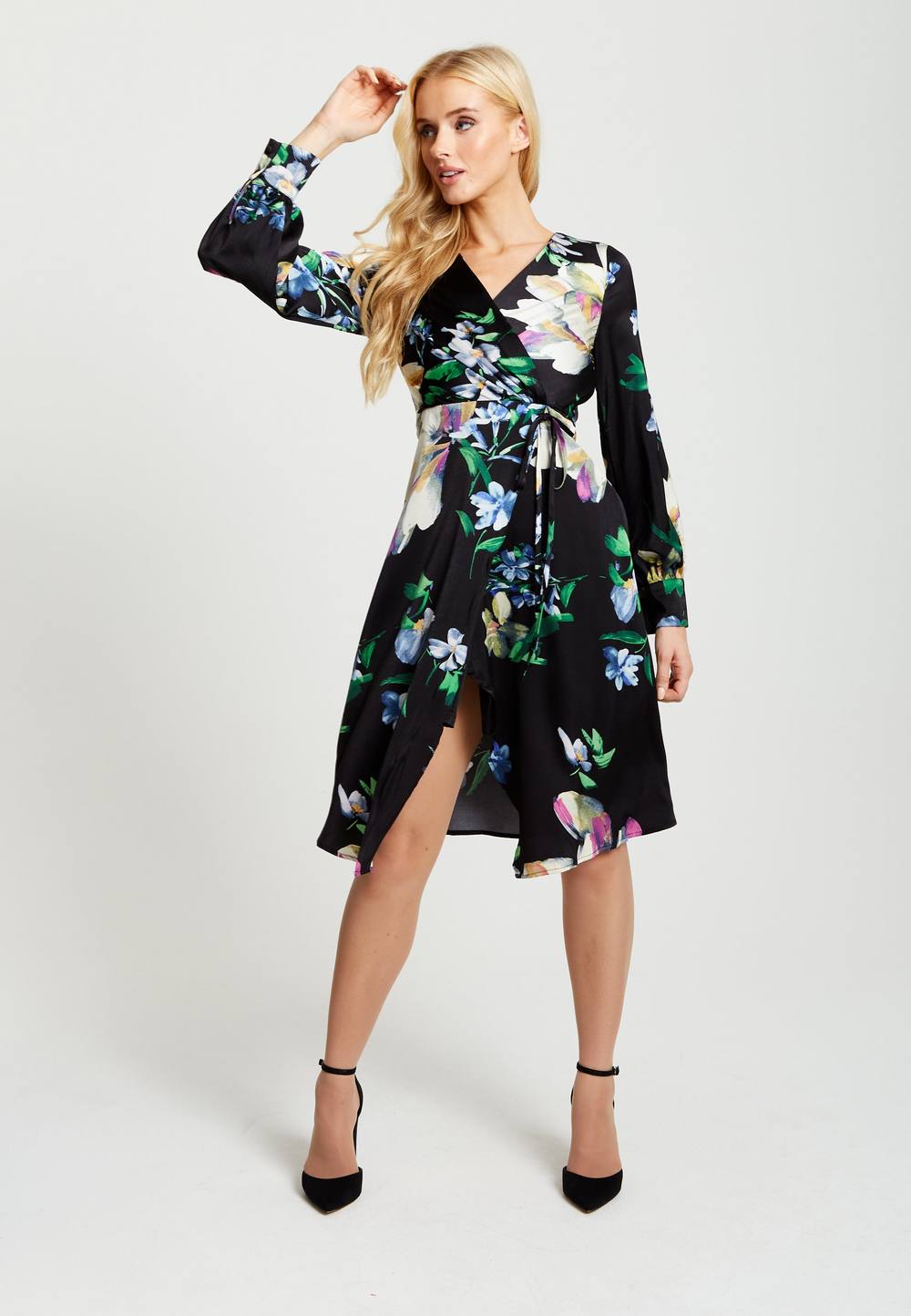 Liquorish Elegant Floral Print Midi Wrap Dress In Black
