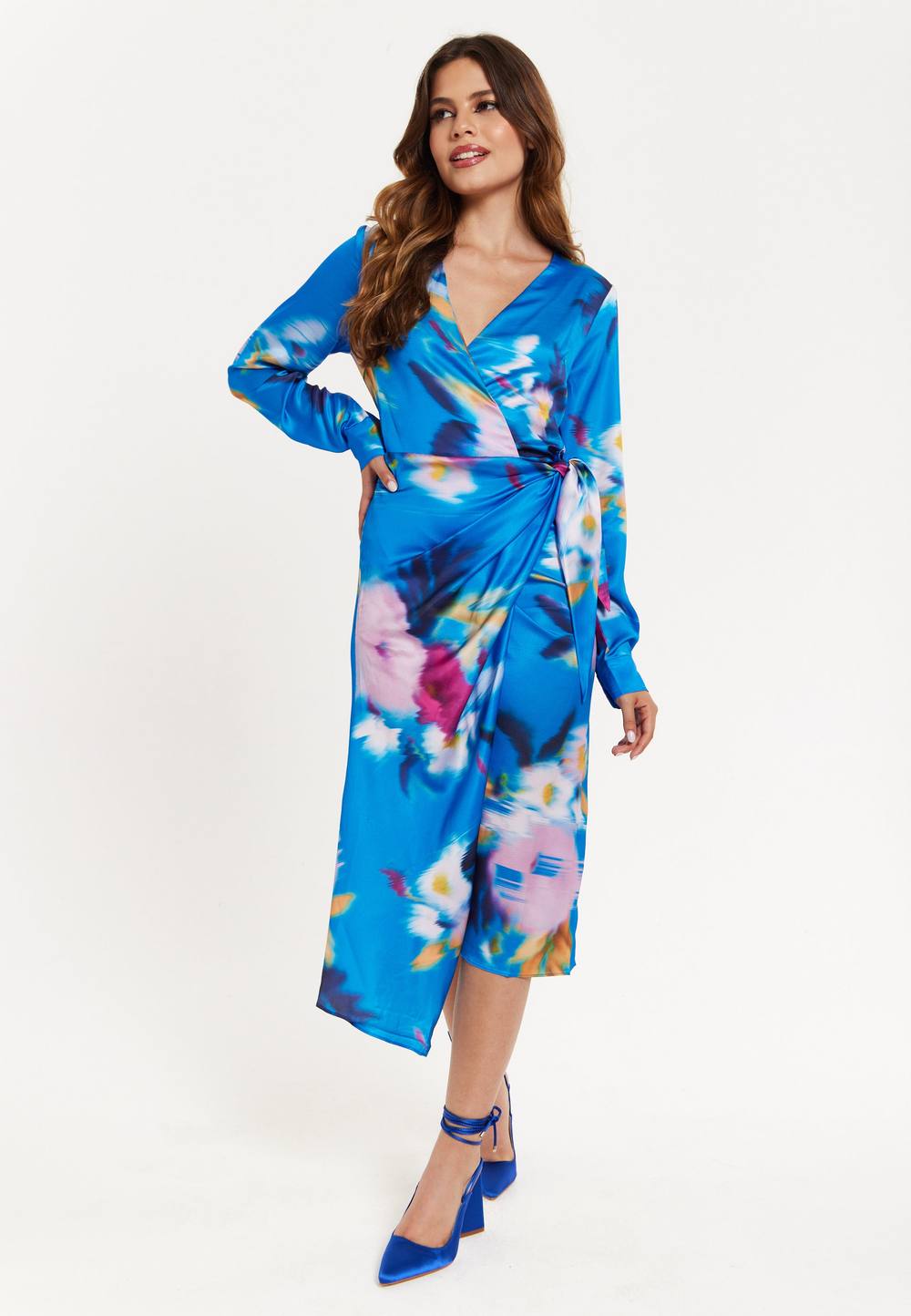 Liquorish Blue Floral Satin Wrap Midi Dress