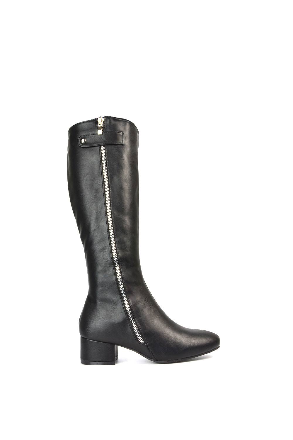 Xy London 'darcy' Low Block Heel Knee High Long Boots With Decorative Zip In Black