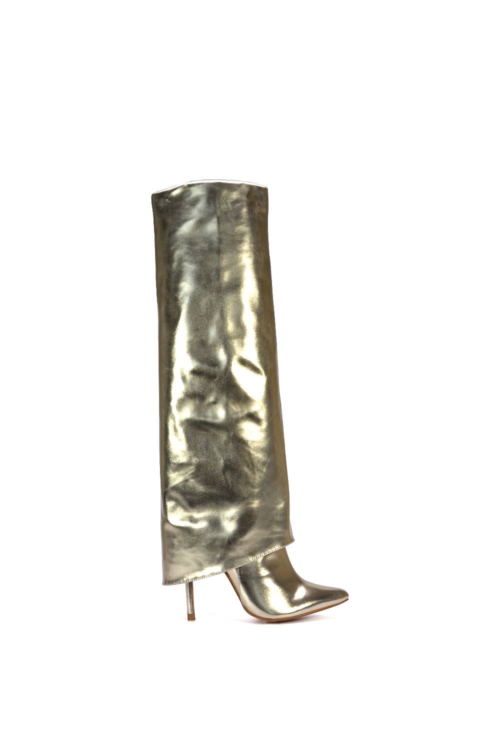 Xy London 'shauna' Stiletto Heel Knee High Boots With Foldover In Metallic Gold