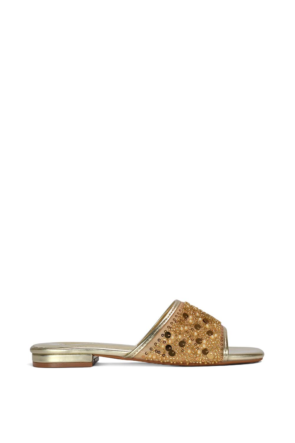 Xy London 'ziva' Embroidered Sequin Slip On Slider Sandals In Gold