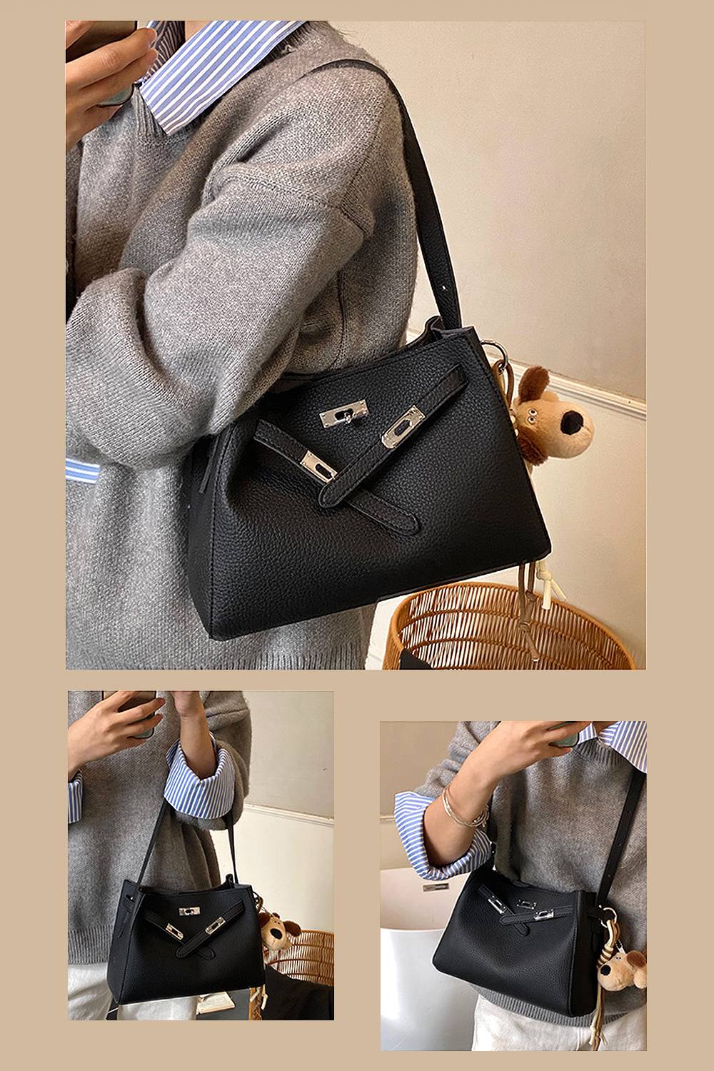 Xy London 'lux' Women's Belted Shoulder Tote Bag With Charm In Black