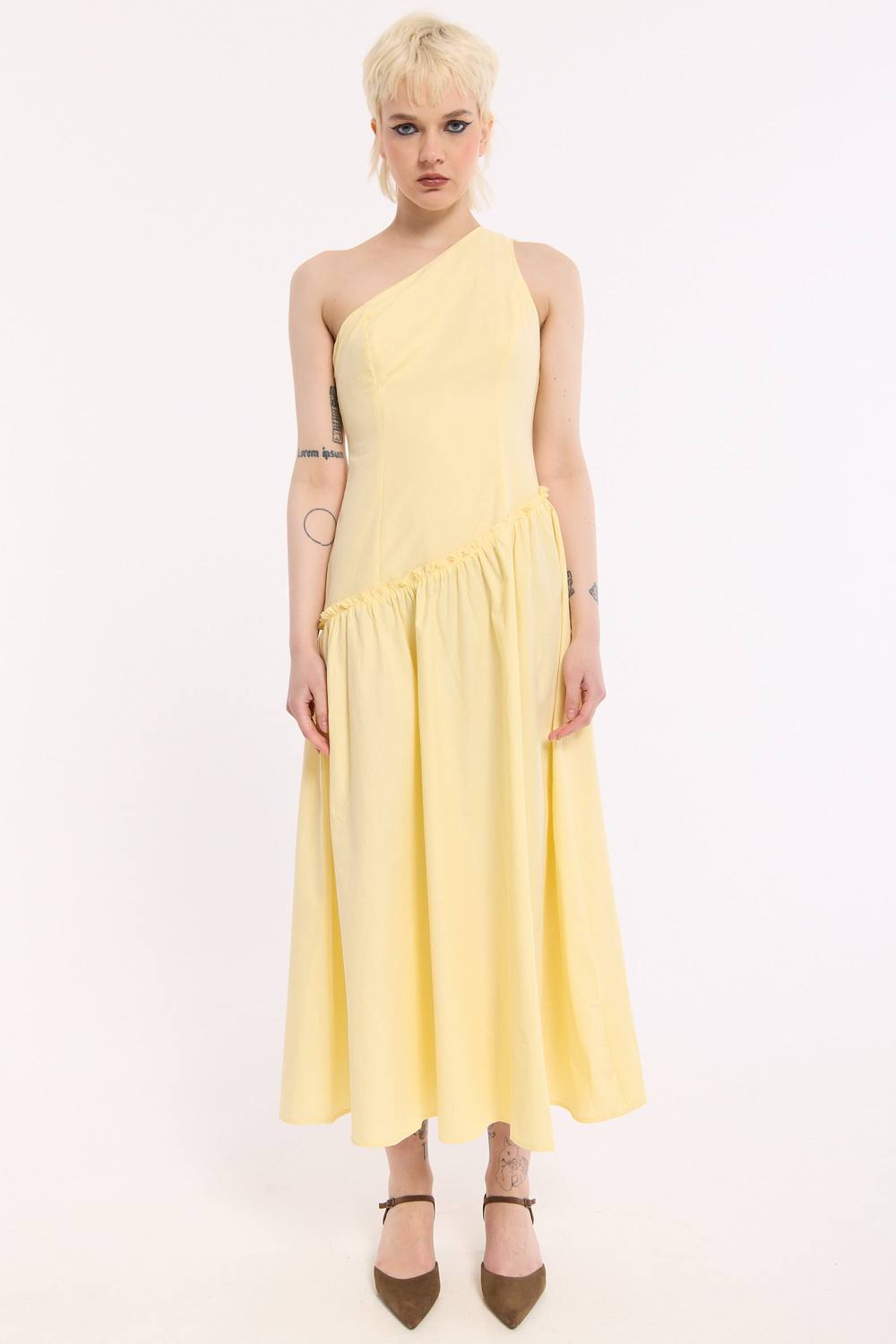 House Of Holland Yellow One Shoulder Midi Dress