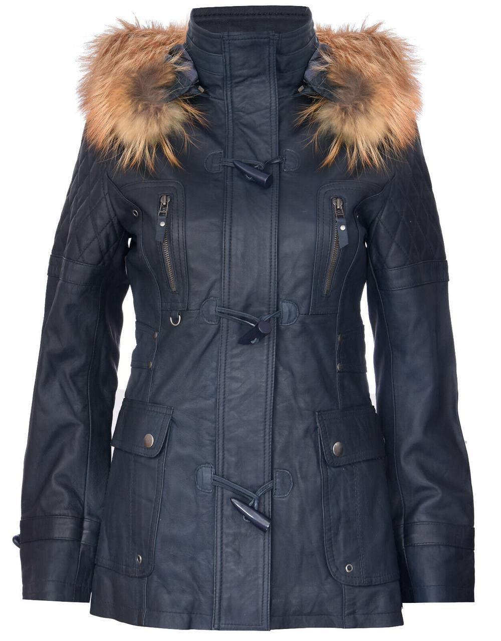 Infinity Leather Quilted Leather Hooded Parka Jacket-Northampton In Navy