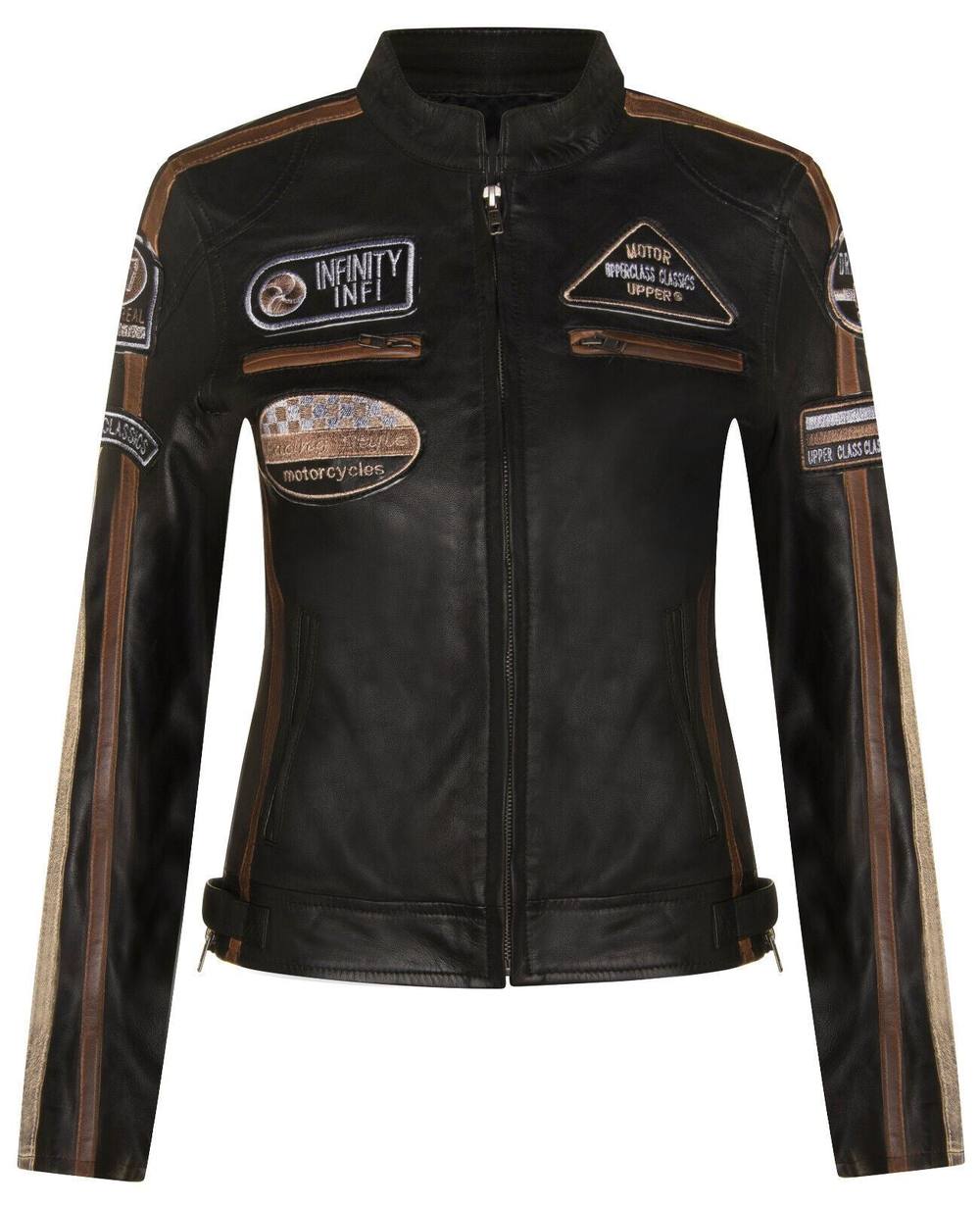 Infinity Leather Biker Racing Badges Leather Jacket-Eastleigh In Black