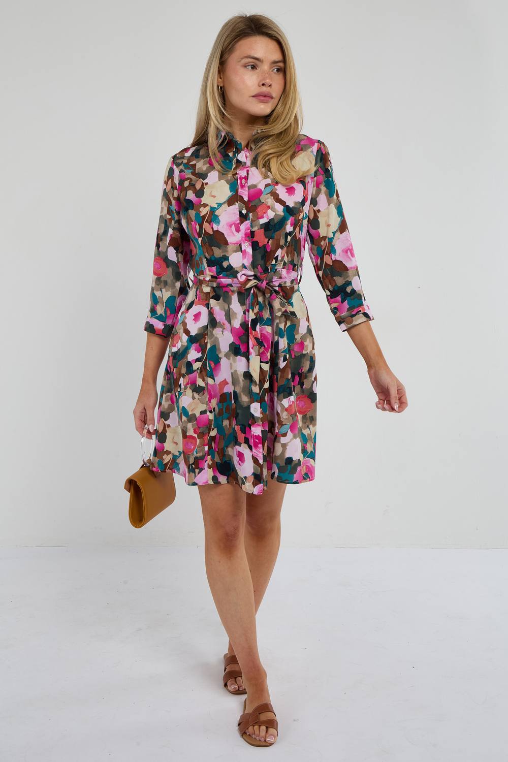 Love Sunshine Roses Print Quarter Sleeve Mini Shirt Dress In Pink