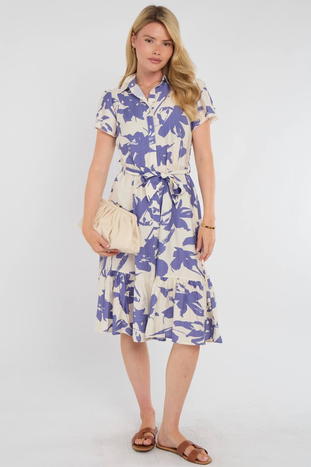 Love Sunshine Lilac Botanical Leaf Print Tiered Midi Shirt Dress In Purple