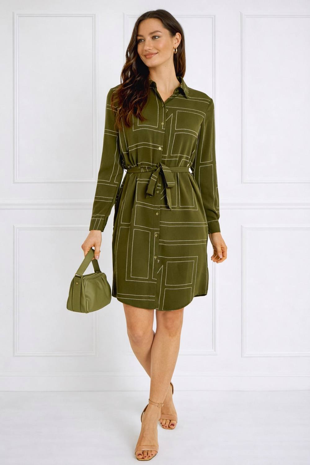 Love Sunshine Olive Geometric Print Belted Mini Shirt Dress In Khaki