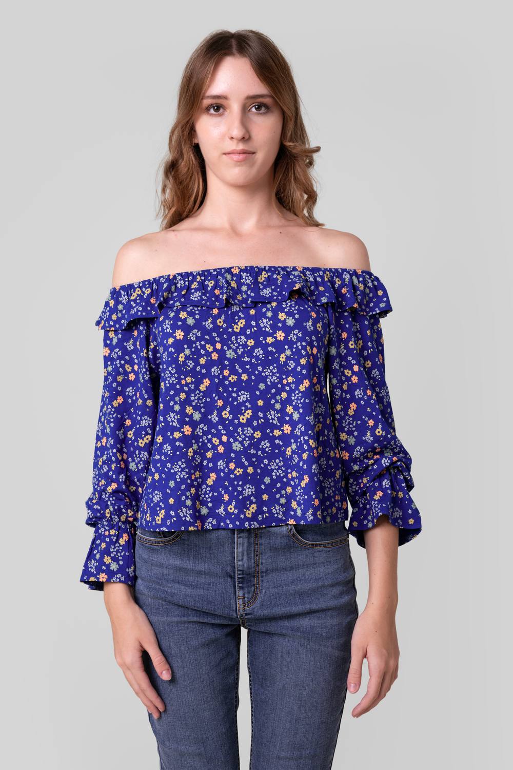 Enorsia Off Shoulder Bardot Top In Blue