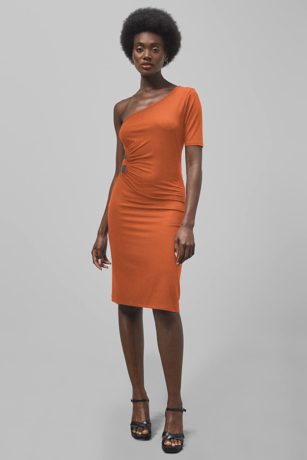 Enorsia Asymmetric Cold Shoulder Jersey Viscose Dress In Orange