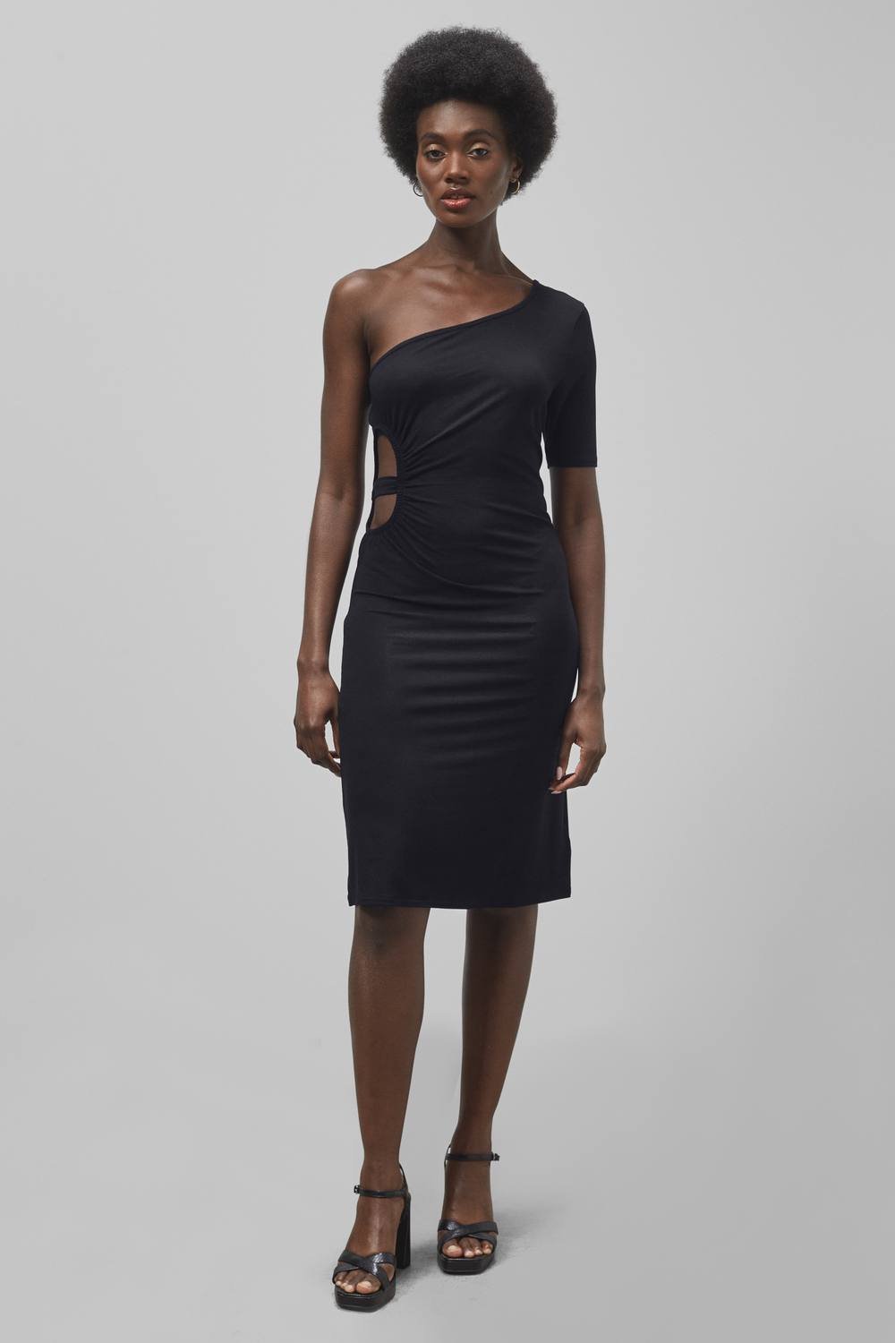 Enorsia Asymmetric Cold Shoulder Jersey Viscose Dress In Black