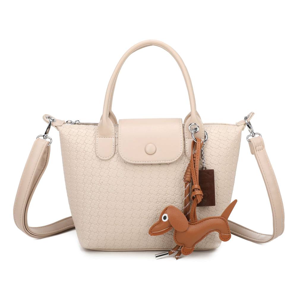 Kitise Mini Woven Texture Crossbody Bag Top Handles Cute Dog Charm In Beige