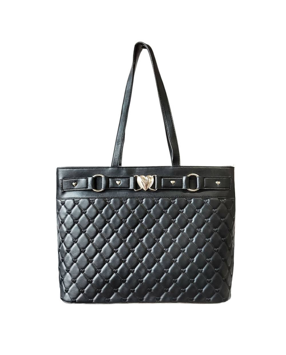 Jfy Quilted Check Pattern And Heart Details Tote Bag In Black