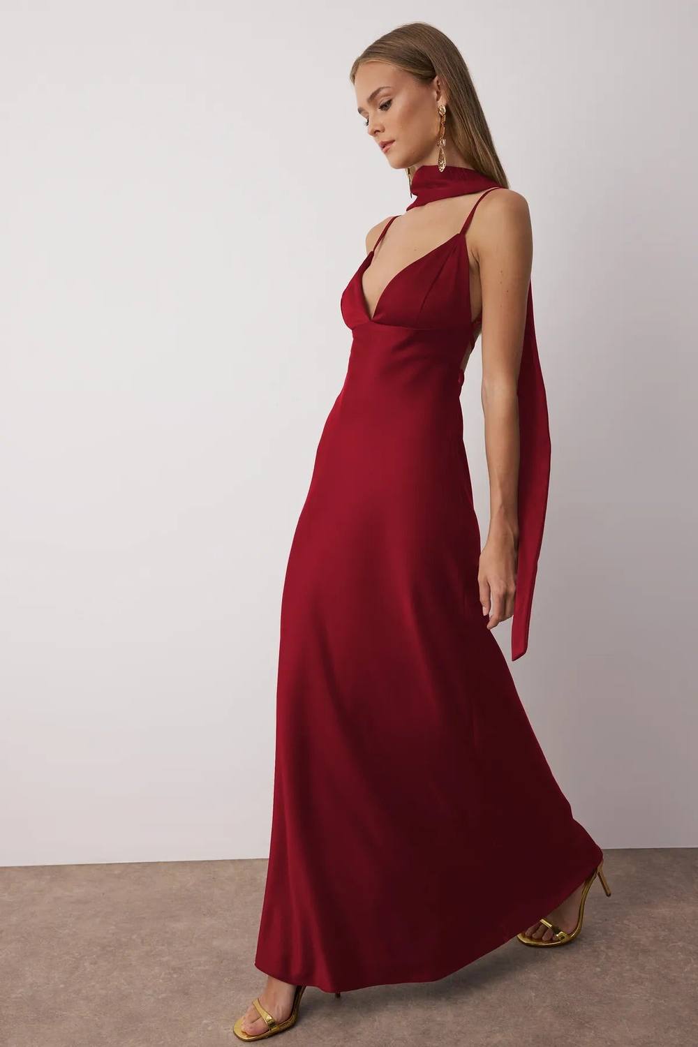 Hoxton Gal Satin Maxi Evening Dress With Spaghetti Straps And Shawl Detail In Red