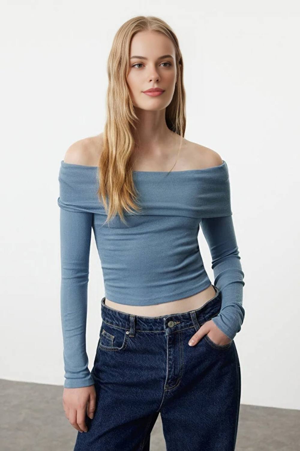 Wovcor Off-Shoulder Carmen Collar Crop Knit Top In Mid Blue
