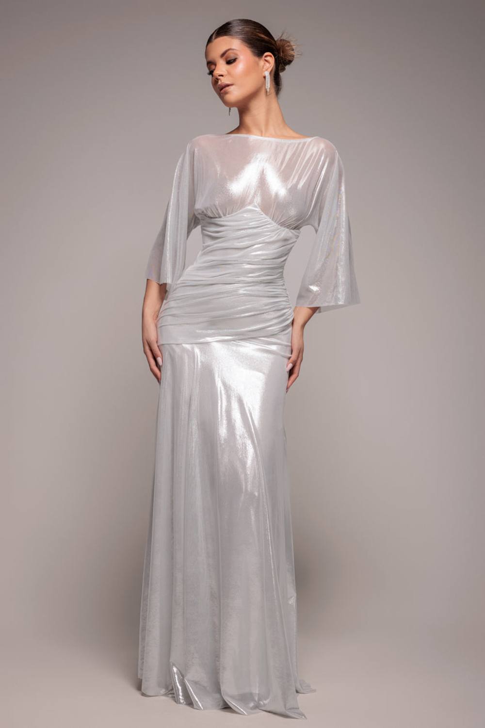 Goddiva Gravity Defying Naked Maxi Dress In Silver