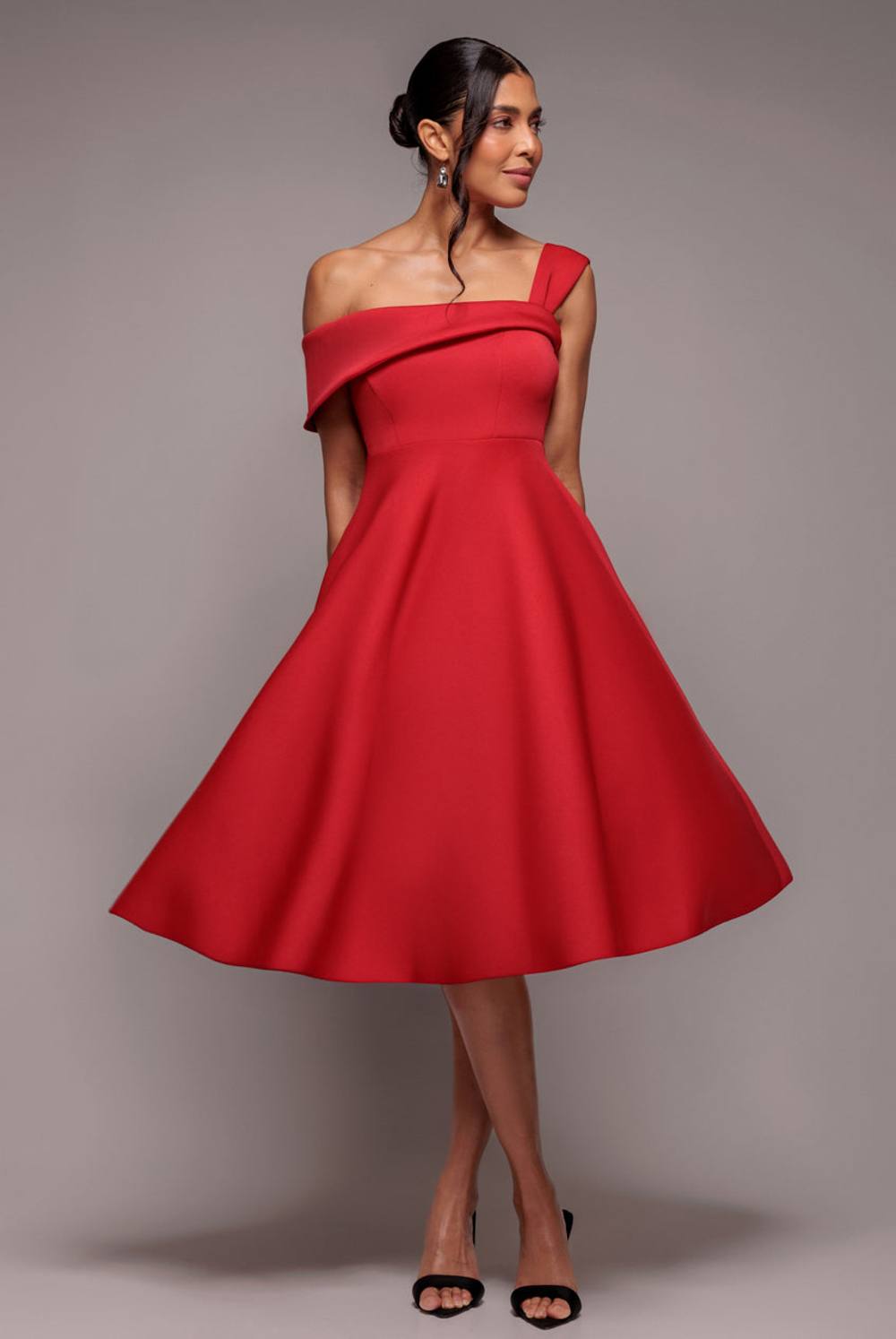 Goddiva One Shoulder A Line Midi Dress In Red
