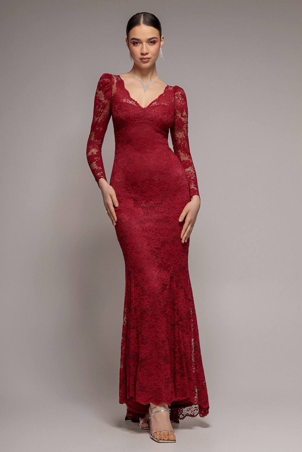 Goddiva Fit & Flare Scallop Lace V Neck Maxi Dress In Burgundy