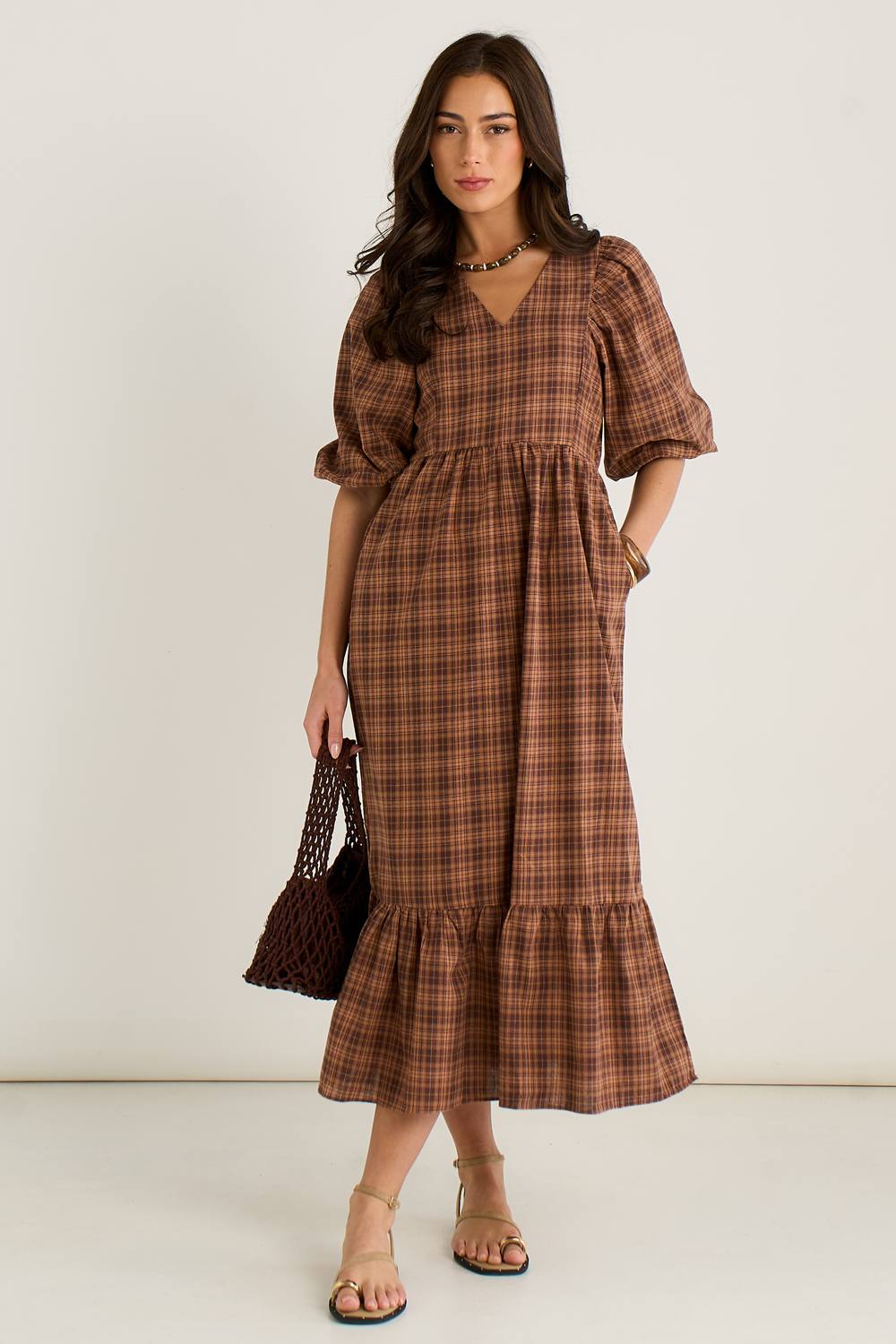 Gini London Brown Cotton Puff Sleeves V Neck Midi Dress