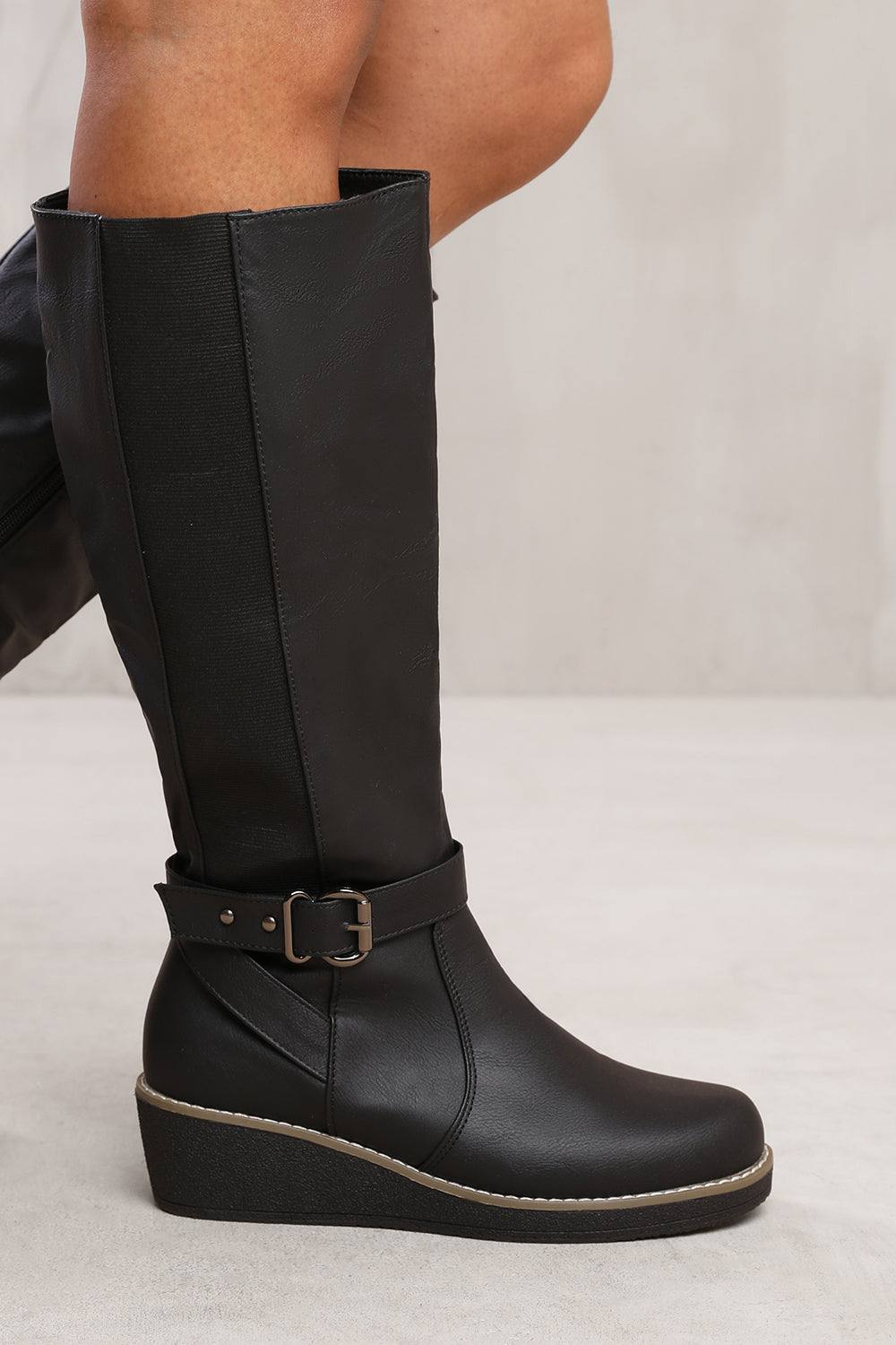 Where's That From 'jacinta' Wedge Heel Knee High Boots With Elastic Panel In Black