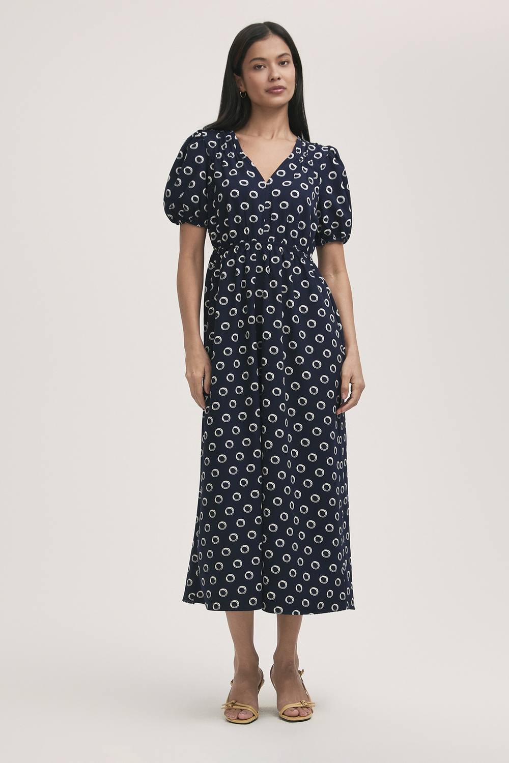 Finery London Vittoria Crepe Polka Dot Midi Tea Dress In Navy
