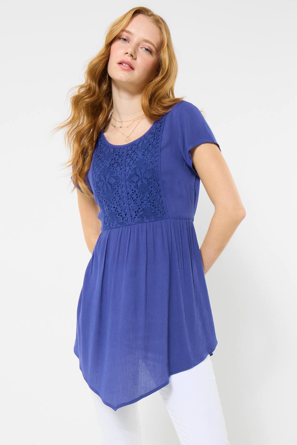 Joe Browns Flowy Lace Detail Crinkle Tunic Top In Blue