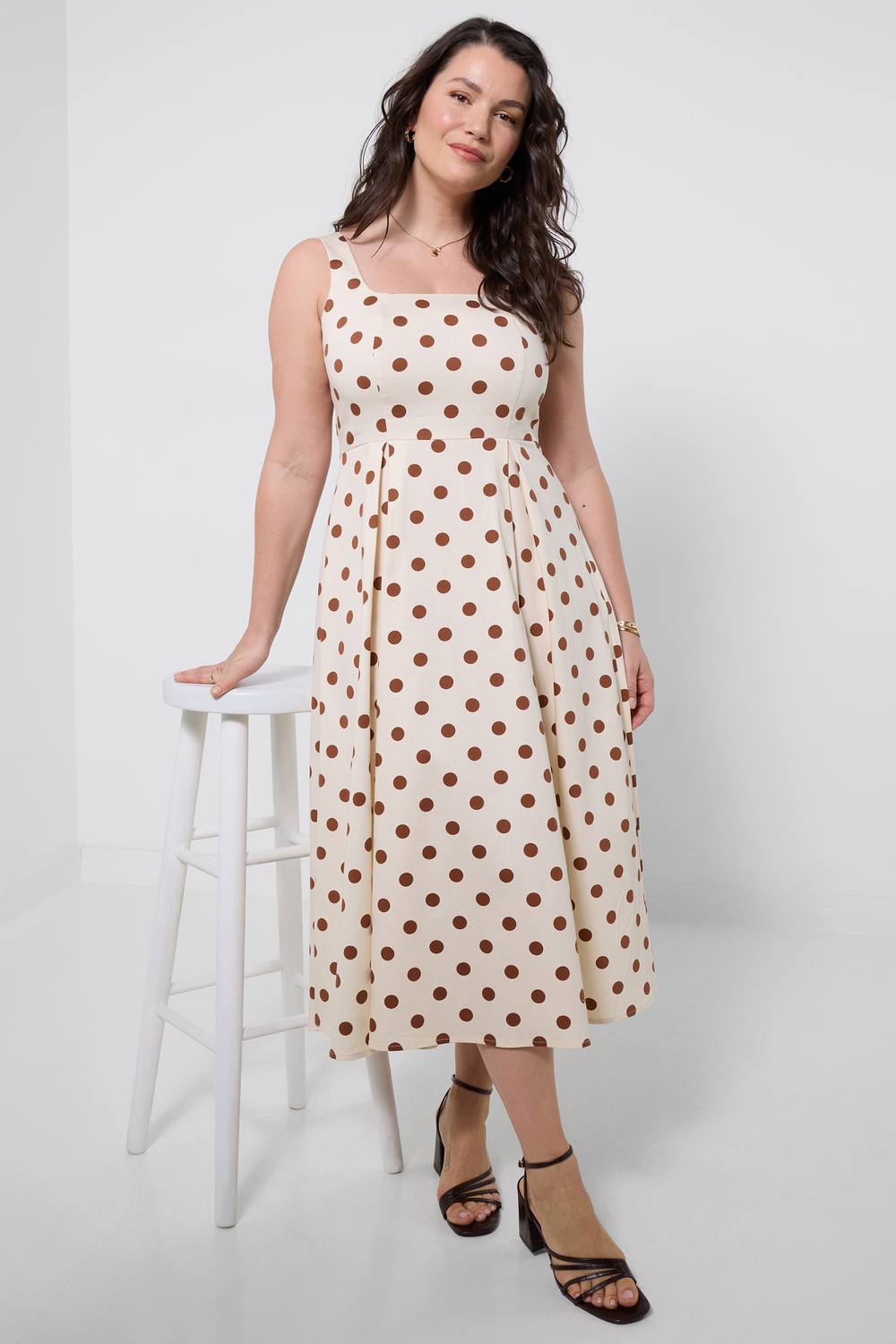 Joe Browns Polka Dot Dress With Square Neckline And Pleated Skirt In Cream