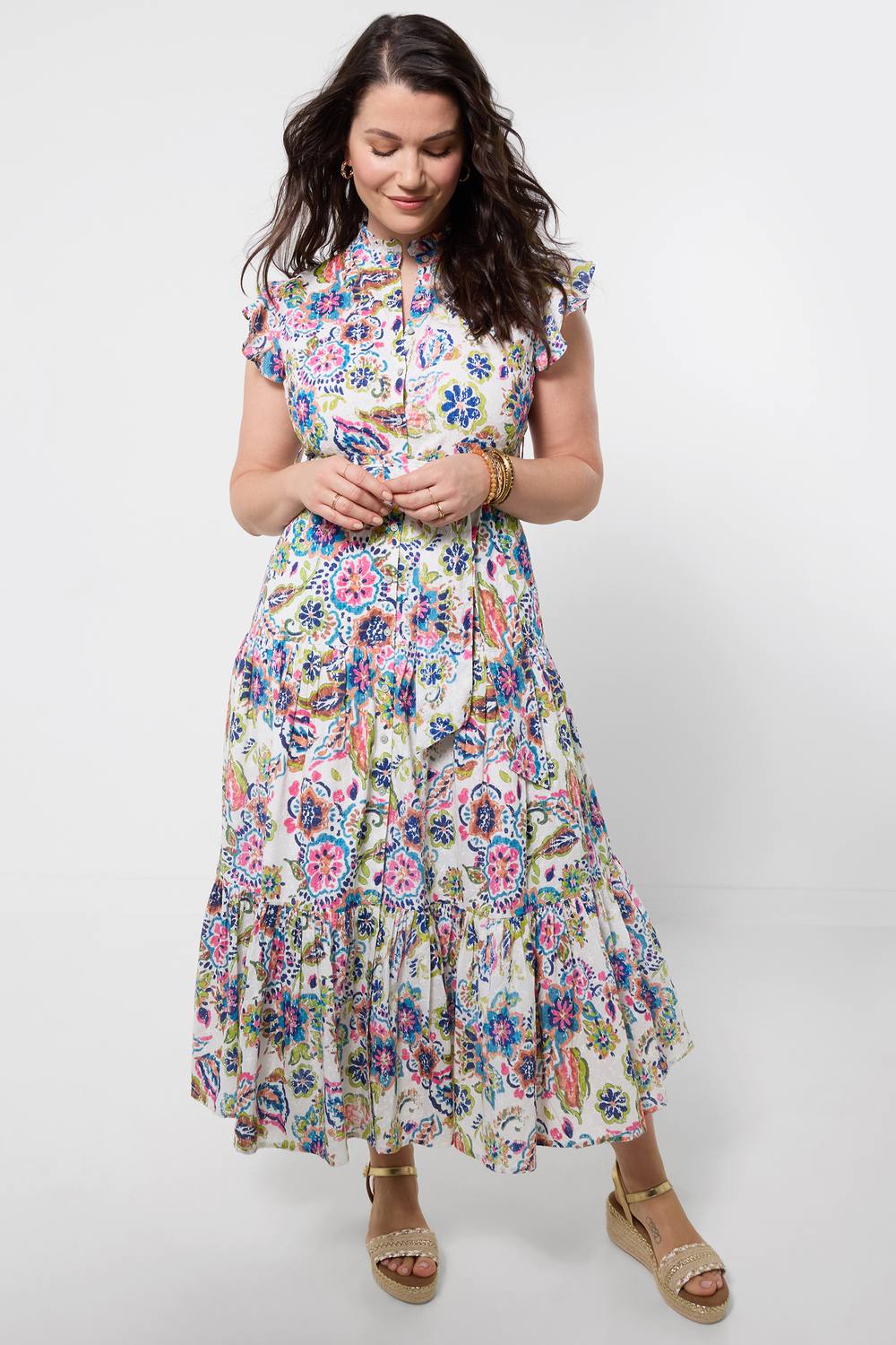 Joe Browns Printed Broderie Maxi Dress With Ruffle Neckline And Tiered Skirt