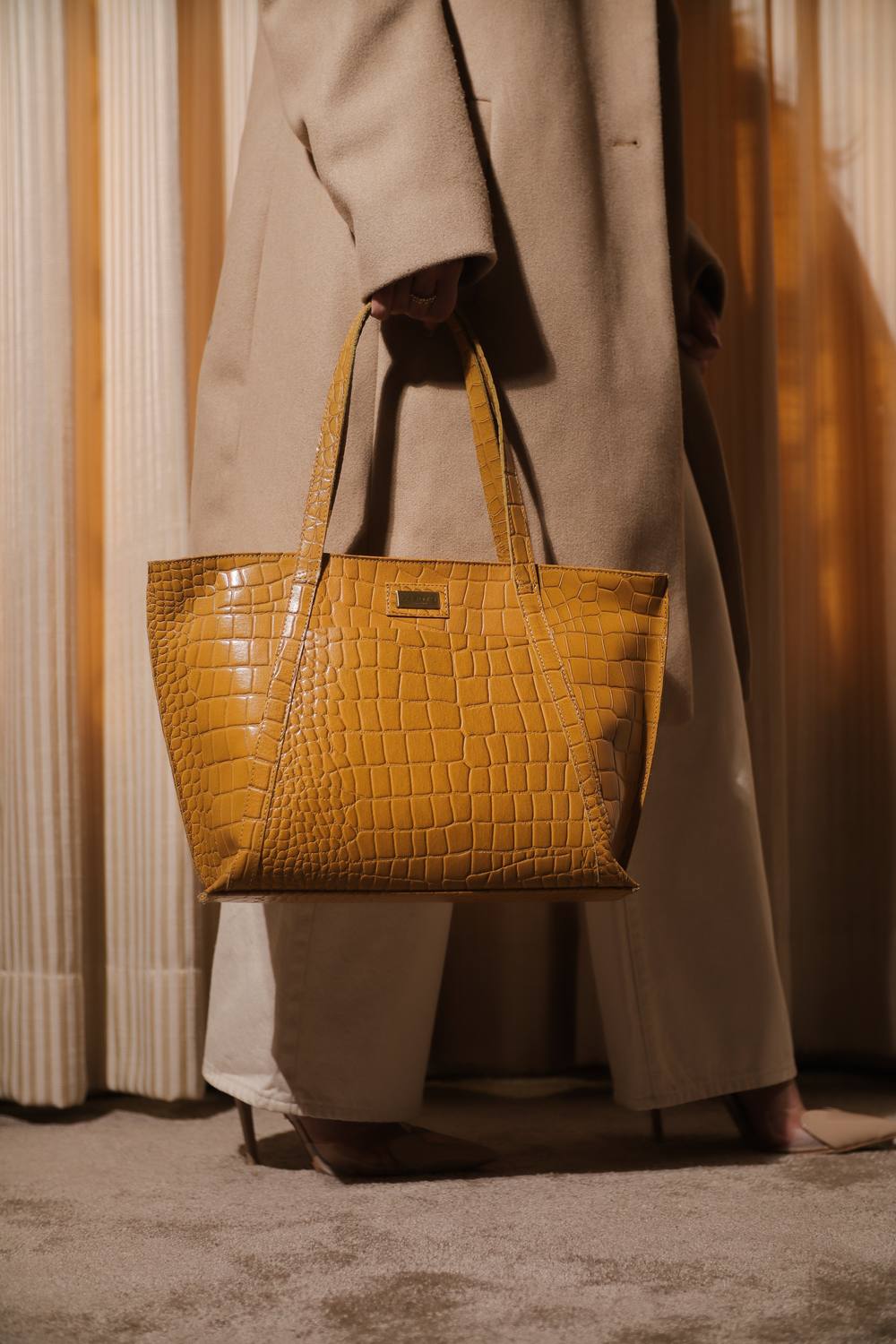 Assots London Agnes' Croc Embossed Real Leather Designer Tote Bag In Mustard