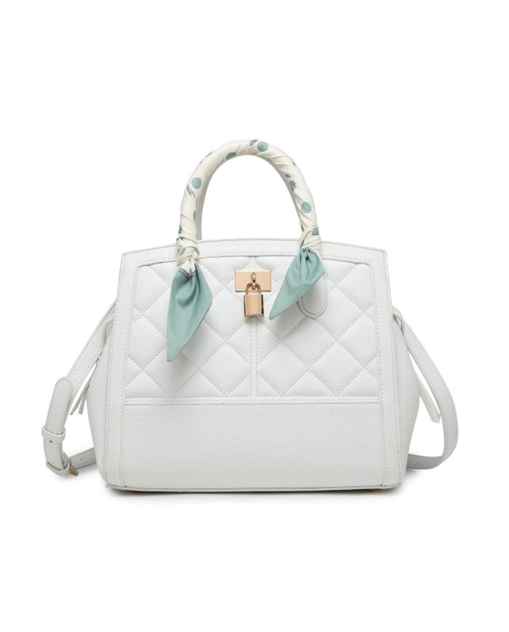 Jfy Quilted Diamand Pattern Silky Scarf Wrapped Handle Tote Bag In White