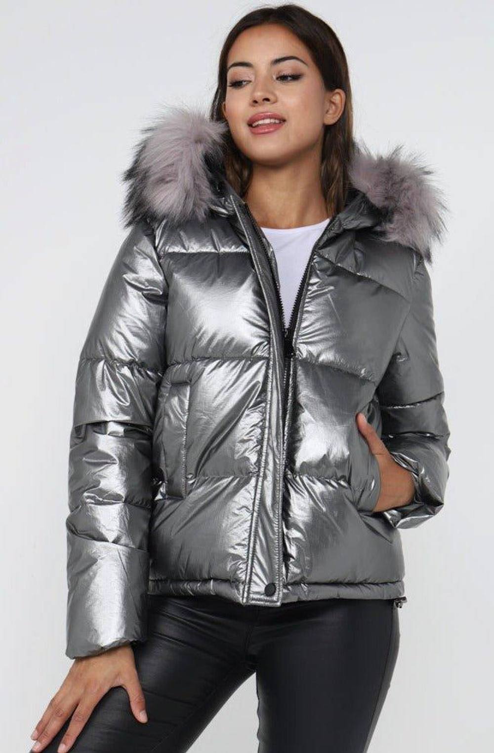 Love Sunshine Metalic Puffer Jacket With Faux Fur On Hood In Grey