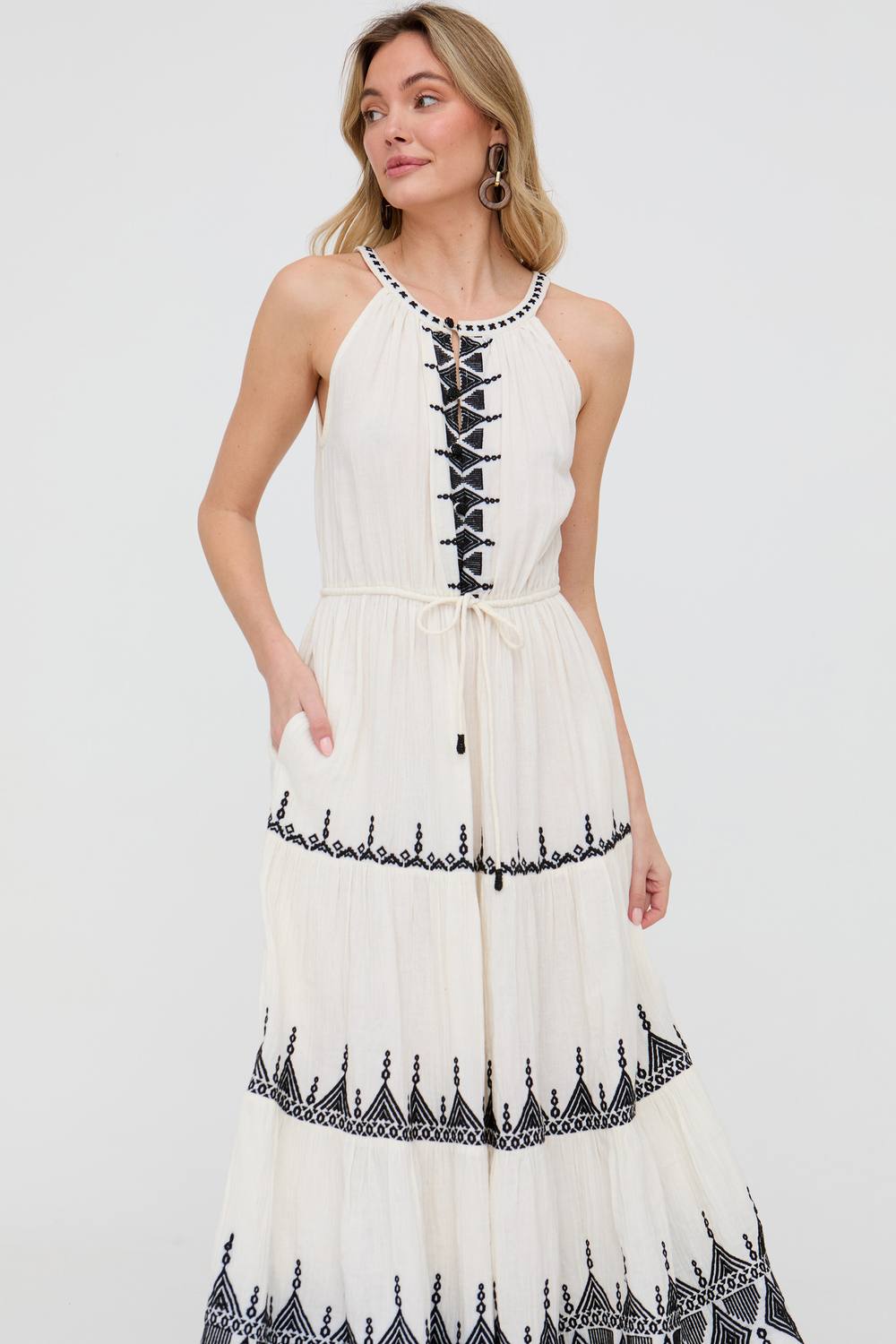 Raffya Mia Halter Neck Embroidered Maxi Dress In Cream