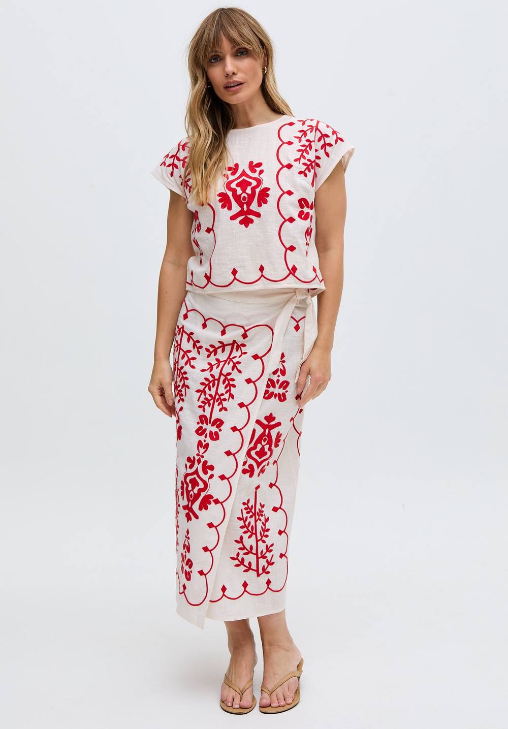 Raffya Fraya Cross Hatch Embroidered Wrap Midi Skirt In White