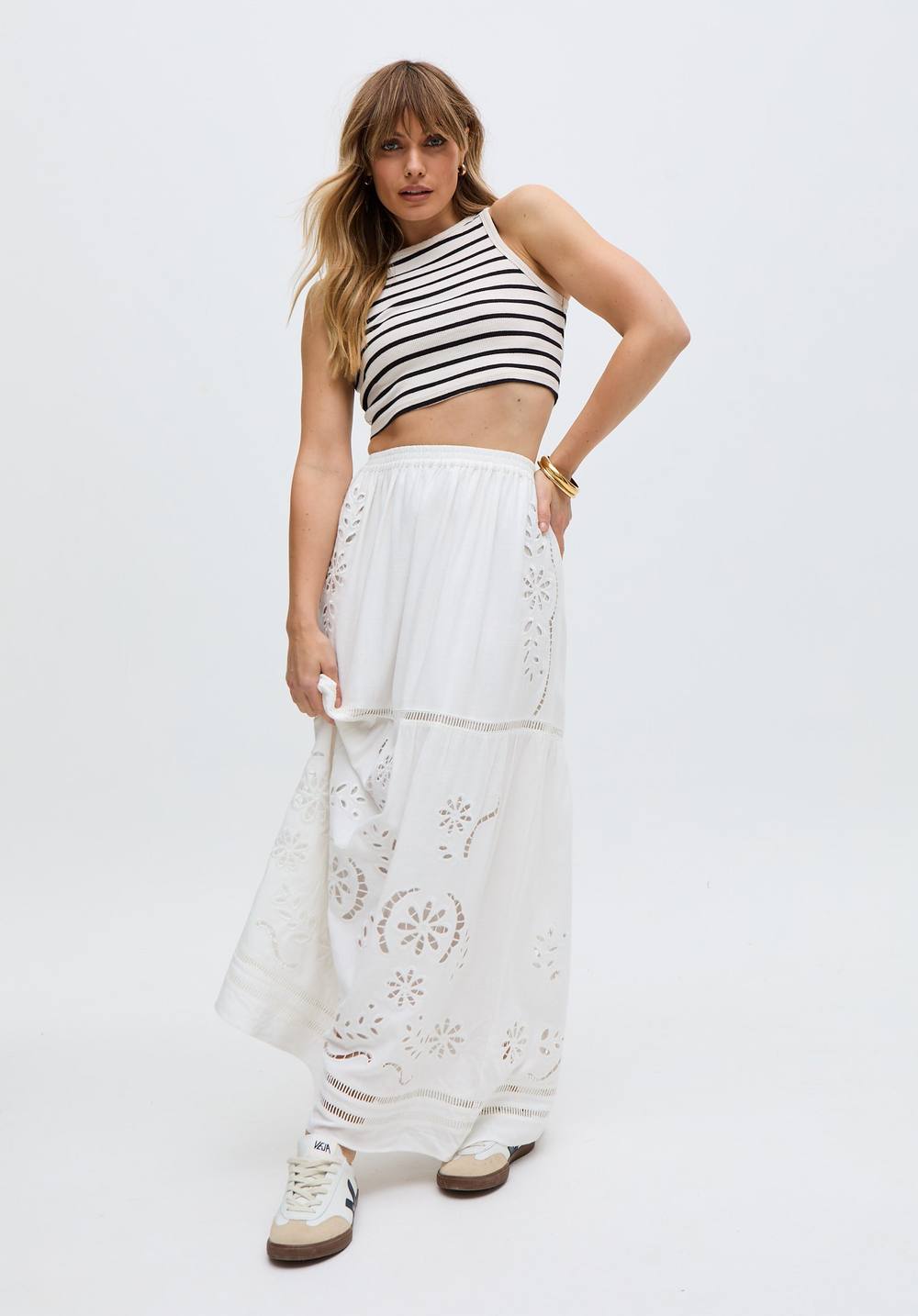 Raffya Georgina Lace Paneled Maxi Skirt In White
