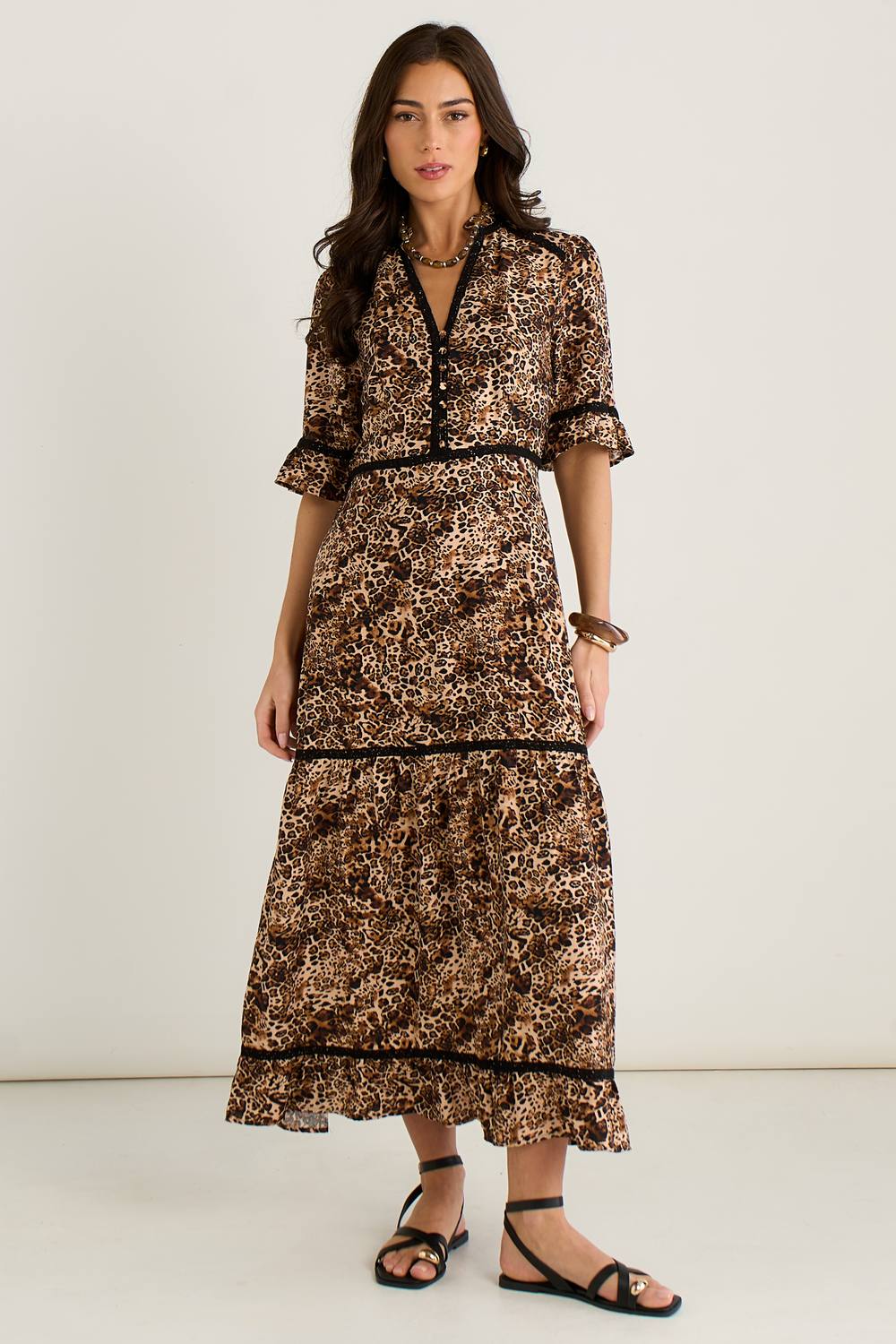 Gini London Brown Animal Print Lace Trim Tiered Midi Dress