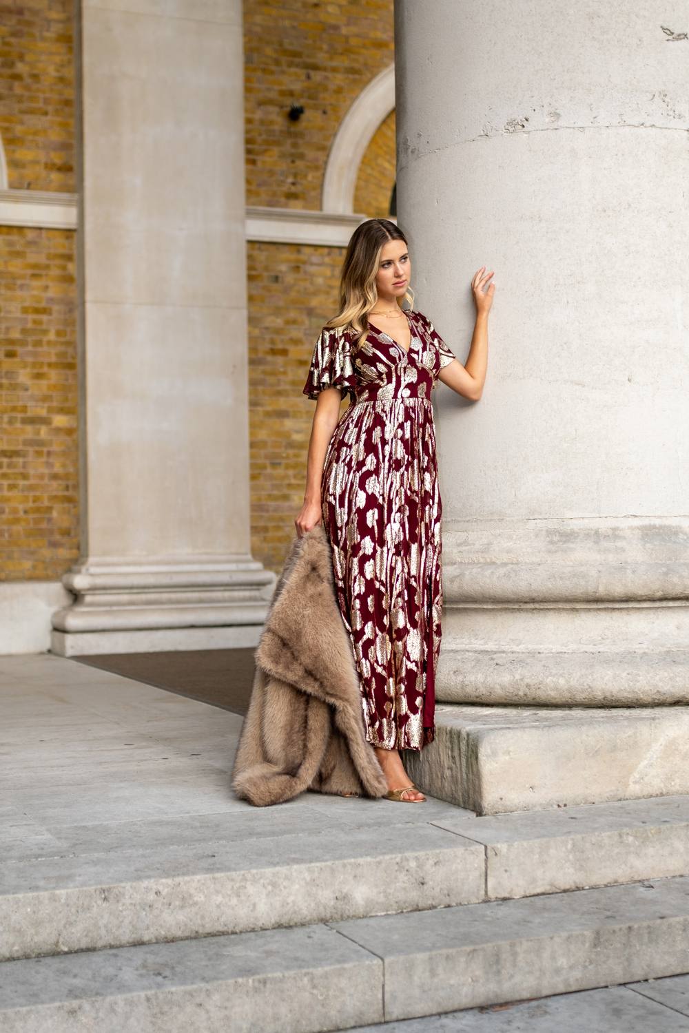 Gini London Burgundy Metallic Jacquard Flutter Sleeves Floral Maxi Dress