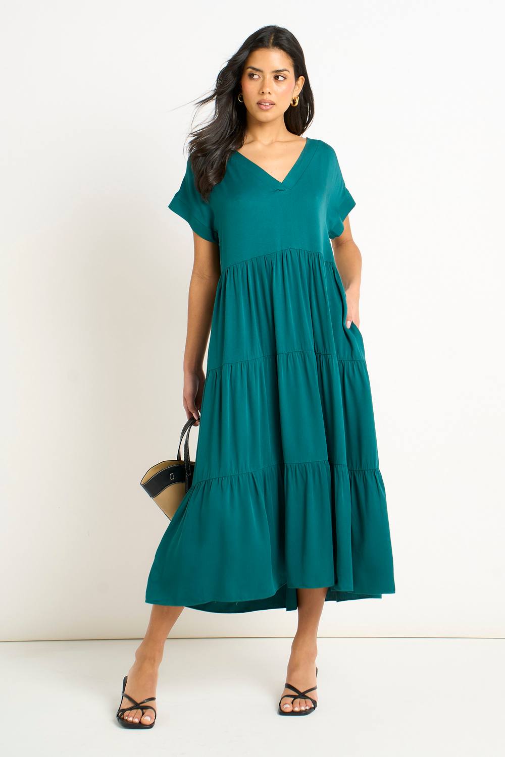 Gini London Green V Neck Pocket Smock Midi Dress