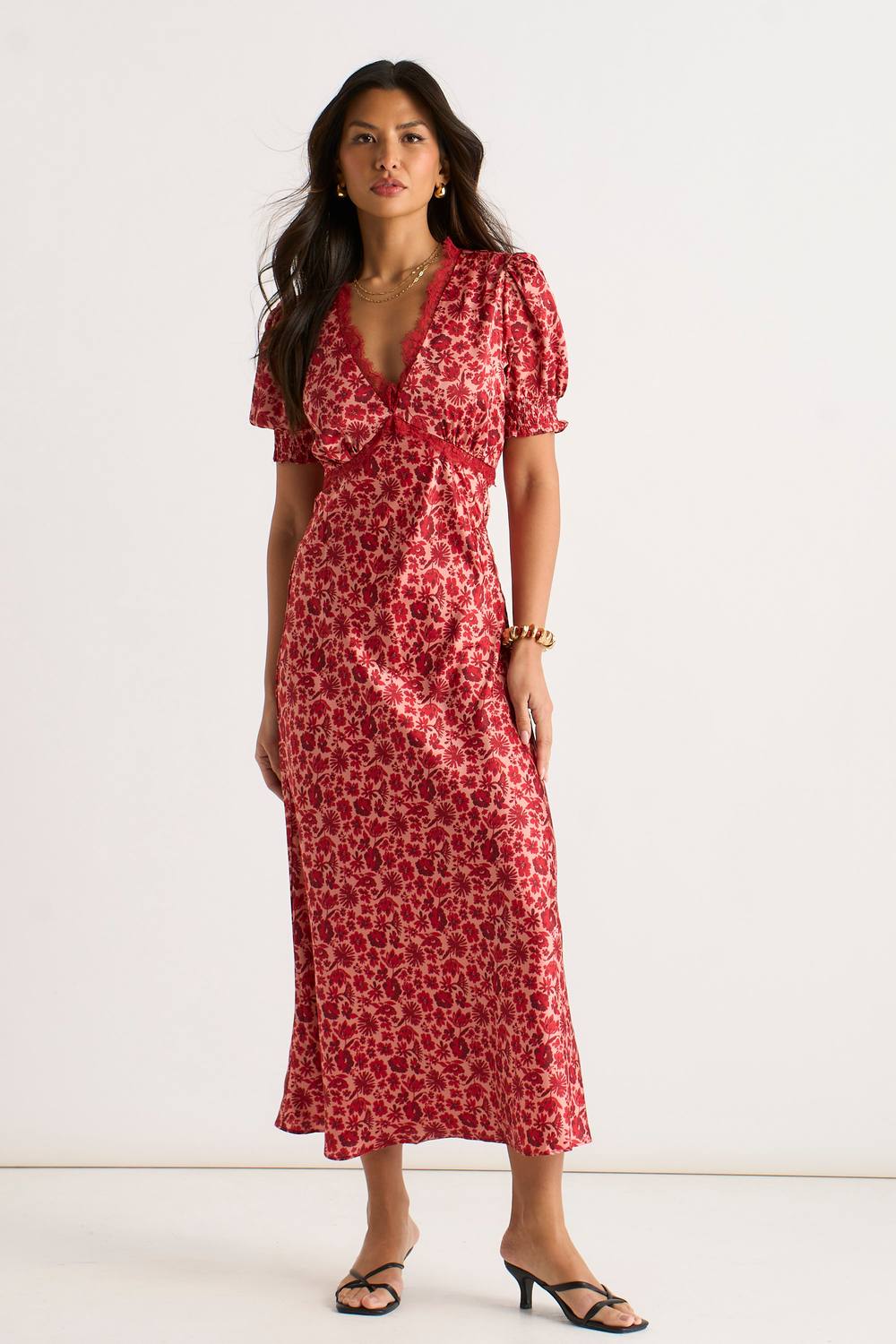 Gini London Red Floral Lace Trim V Neck Midi Dress