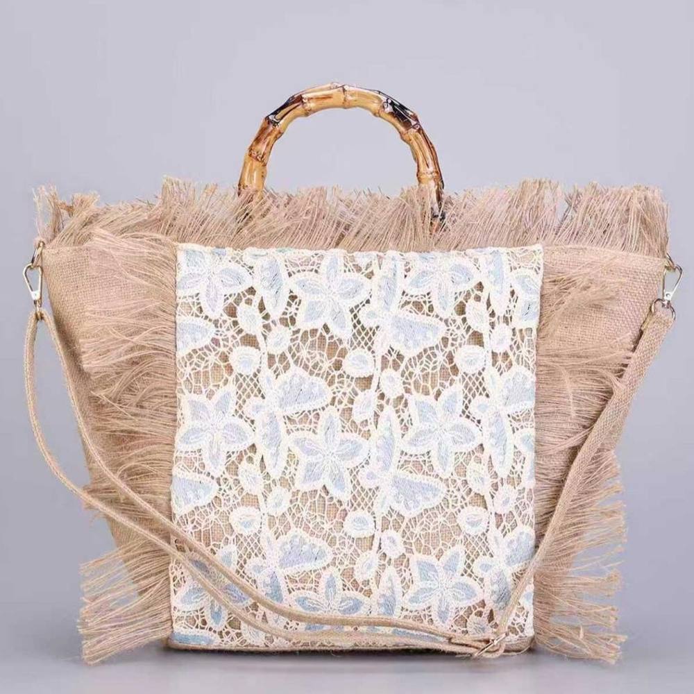 Peach Accessories Boho Tote Summer Bag With Floral Lace & Bamboo Handle In Beige