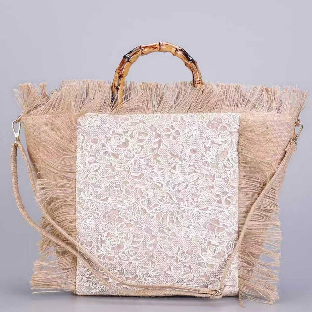 Peach Accessories Boho Lace & Burlap Tote Bag With Bamboo Handle In Beige