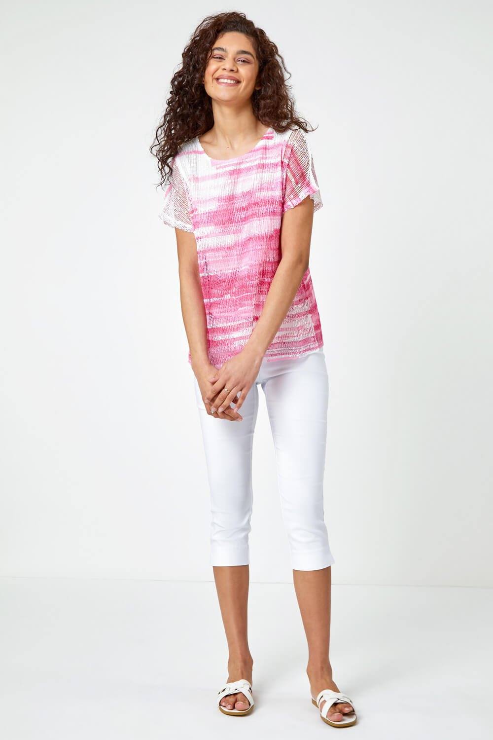 Roman Stripe Print Mesh Overlay Top In Pink