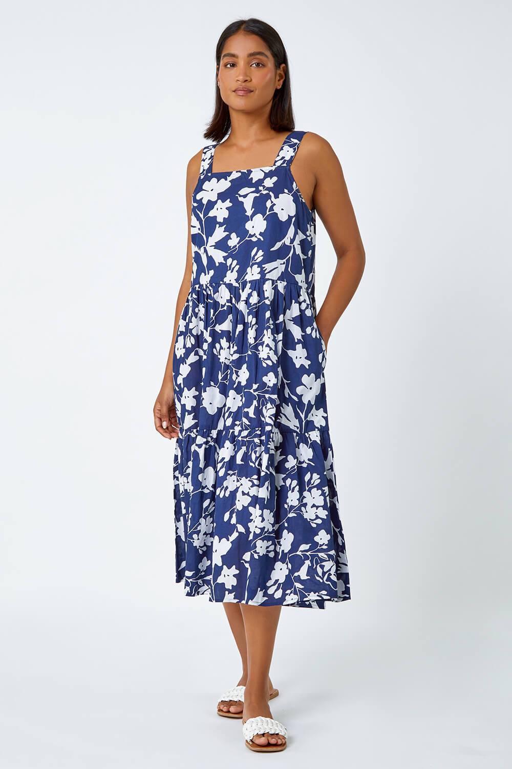 Roman Sleeveless Cotton Floral Midi Dress In Navy