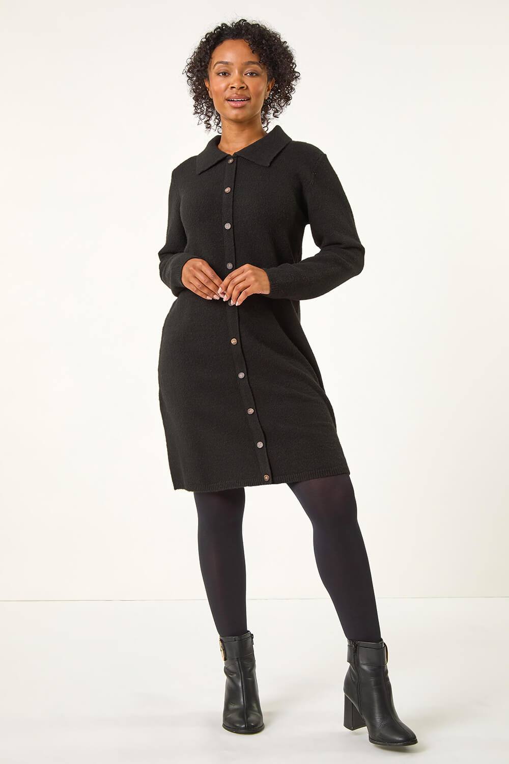 Roman Petite Collared Knit Shift Dress In Black