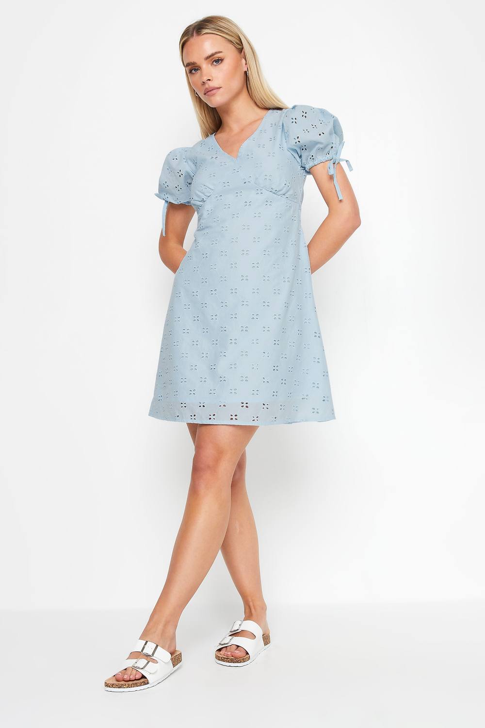 Pixiegirl Petite Tie Sleeve Broderie Mini Dress In Blue