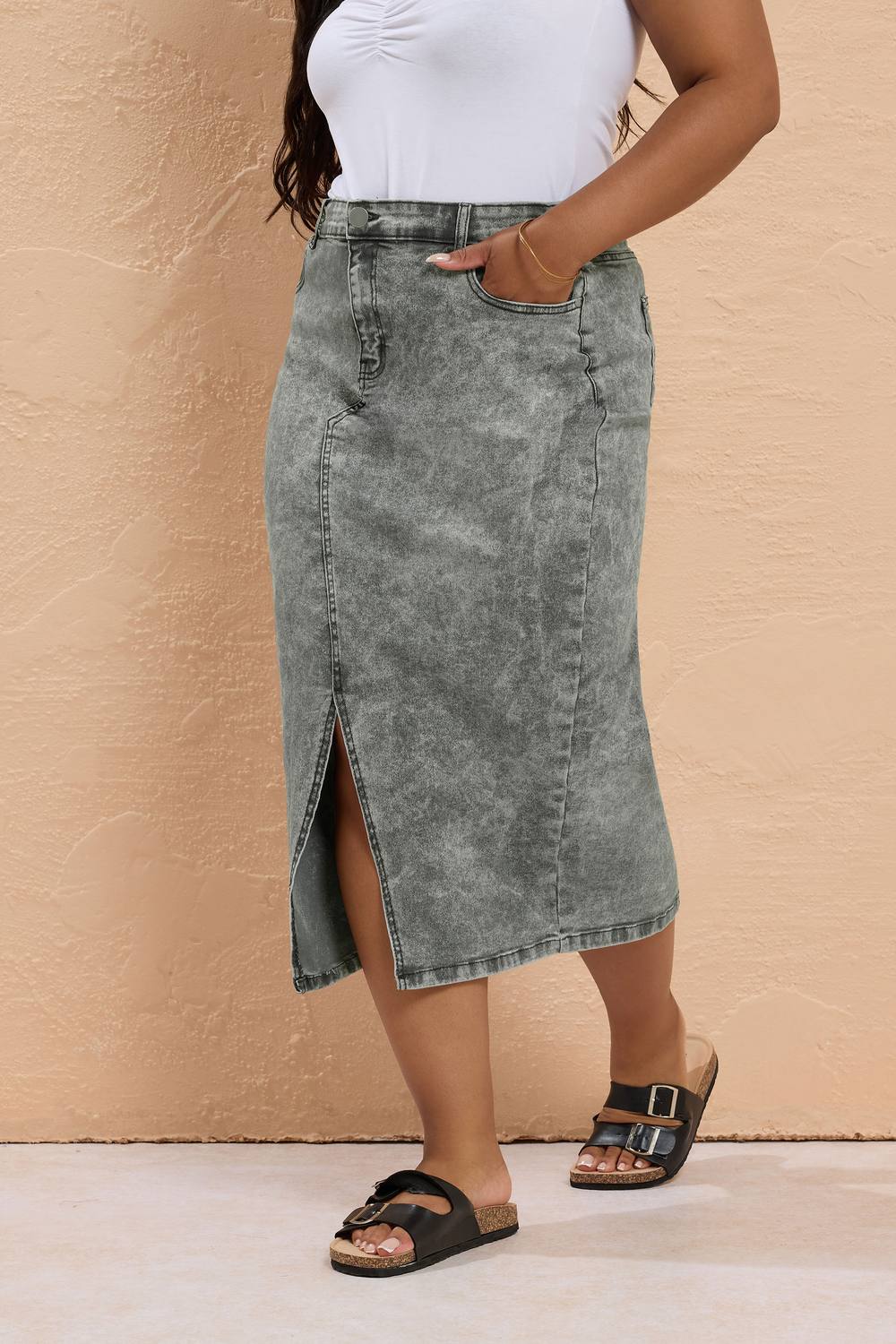 Yours Stretch Denim Midaxi Skirt In Grey