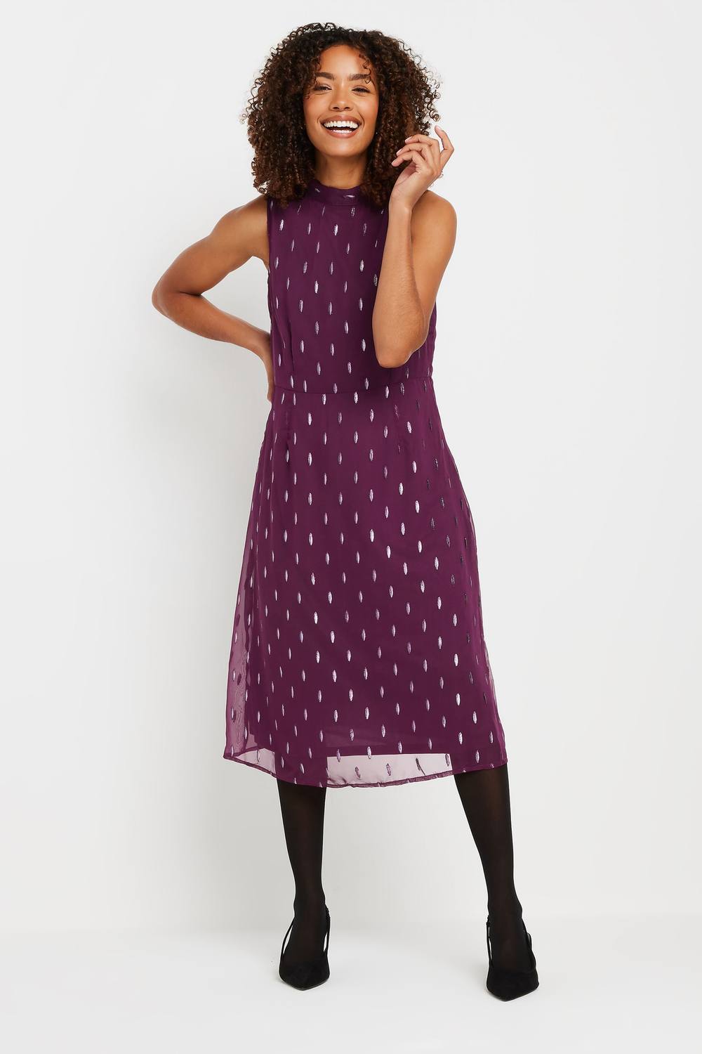 M&co Metallic Detail High Neck Midi Dress In Purple
