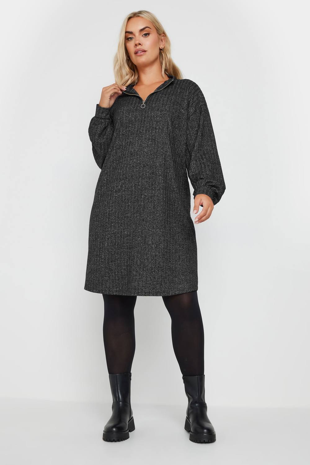 Yours Quarter Zip Knitted Jumper Dress In Dark Grey