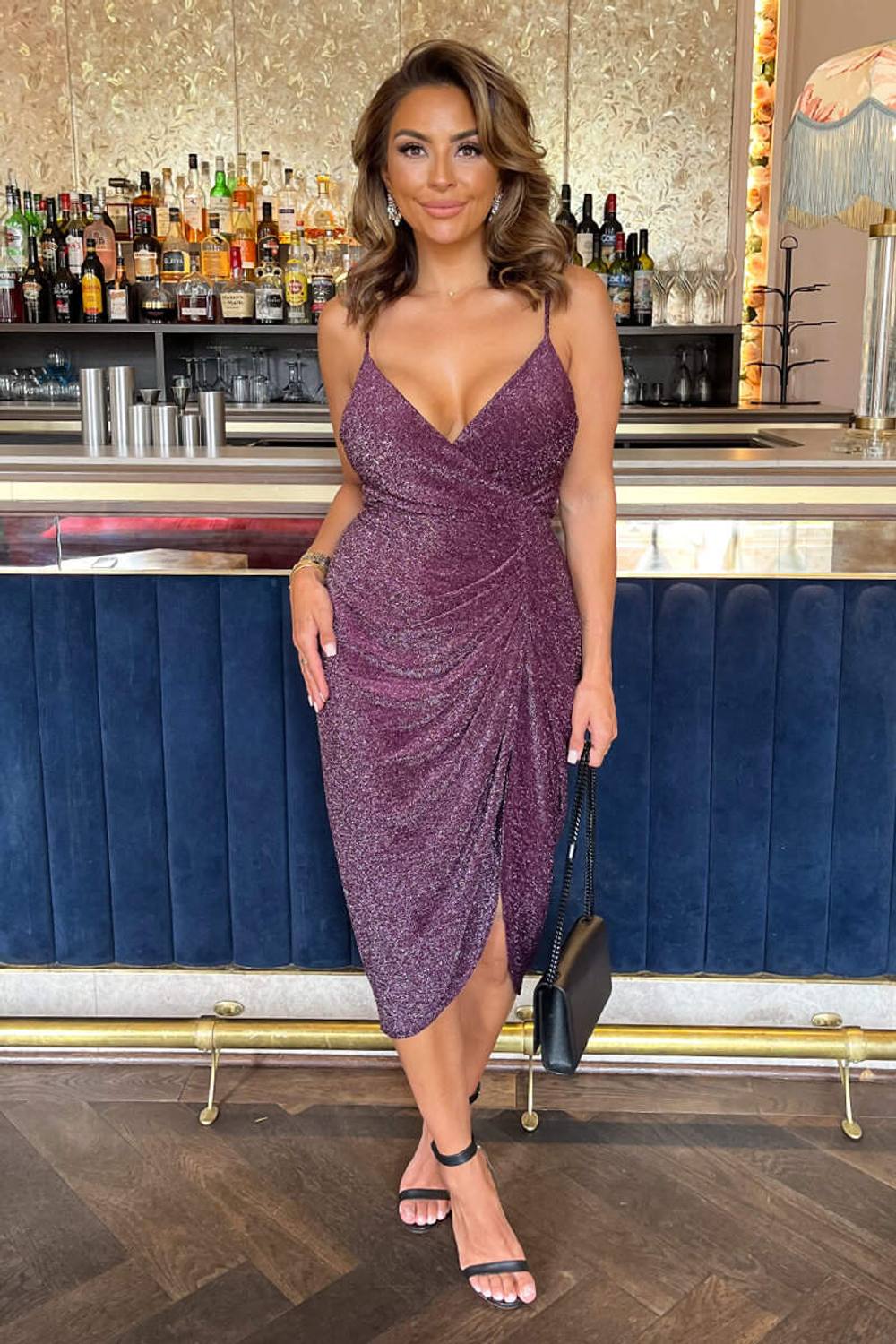 Ax Paris Plum Sparkle Strappy Wrap Top Gathered Skirt Midi Dress
